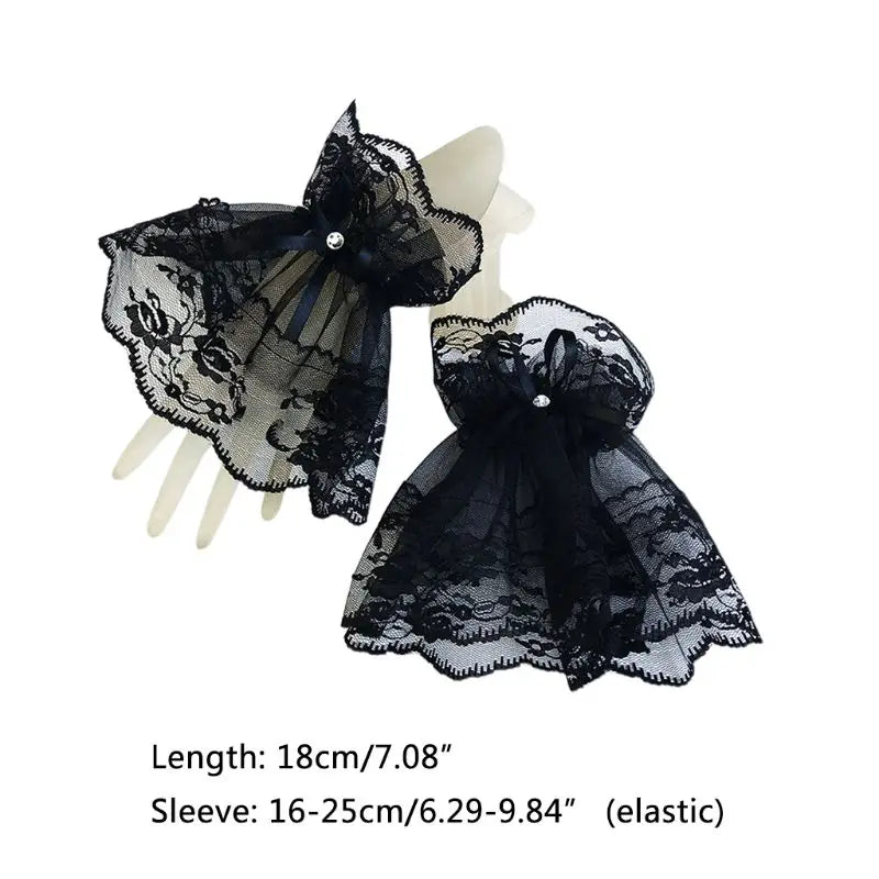Women Black Lace Wrist Cuffs Bracelets Wedding Rhinestone Bow Fingerless Gloves