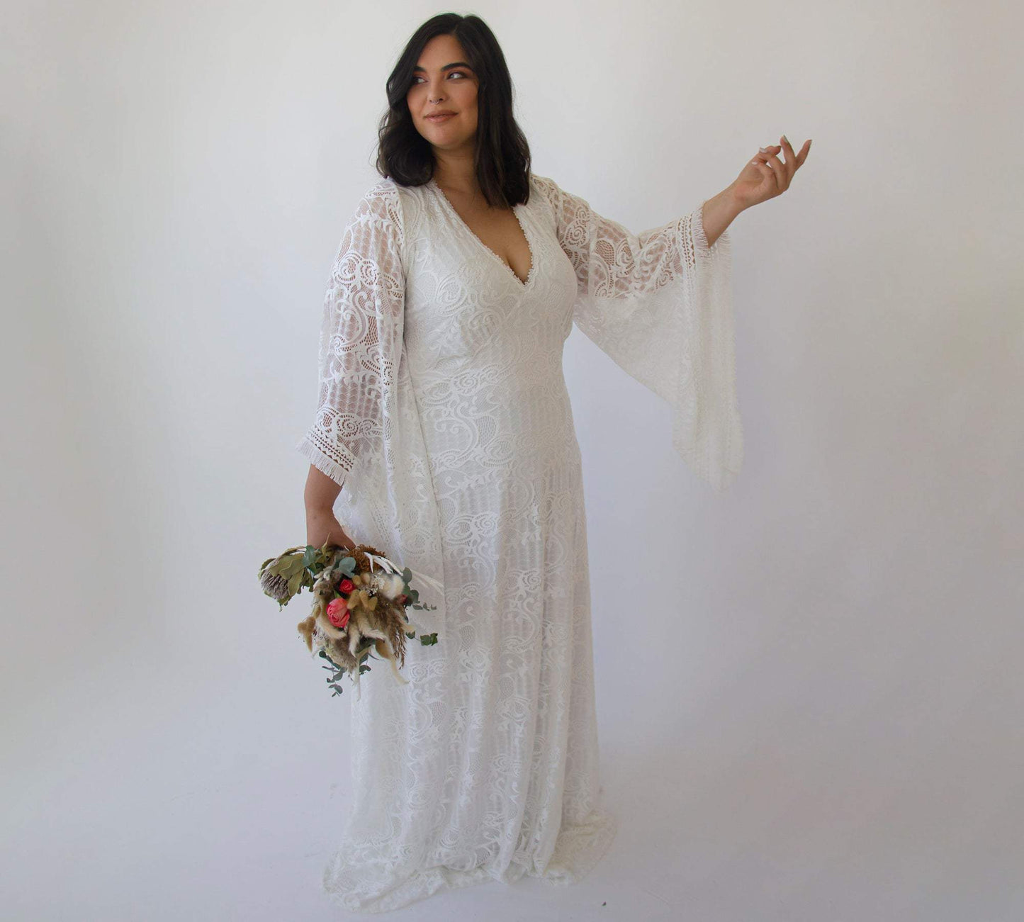 Curvy  Lace Ivory Bridal Kaftan With Fringe ,Bat Sleeves Lace Wedding Dress #1328