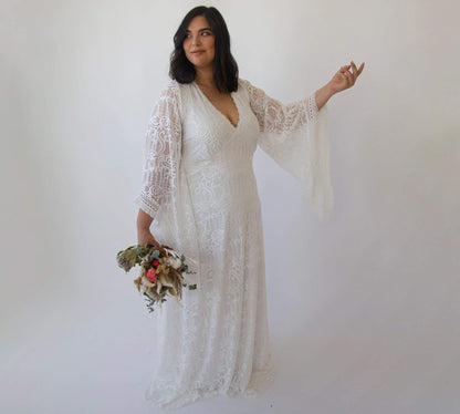 Curvy  Lace Ivory Bridal Kaftan With Fringe ,Bat Sleeves Lace Wedding Dress #1328
