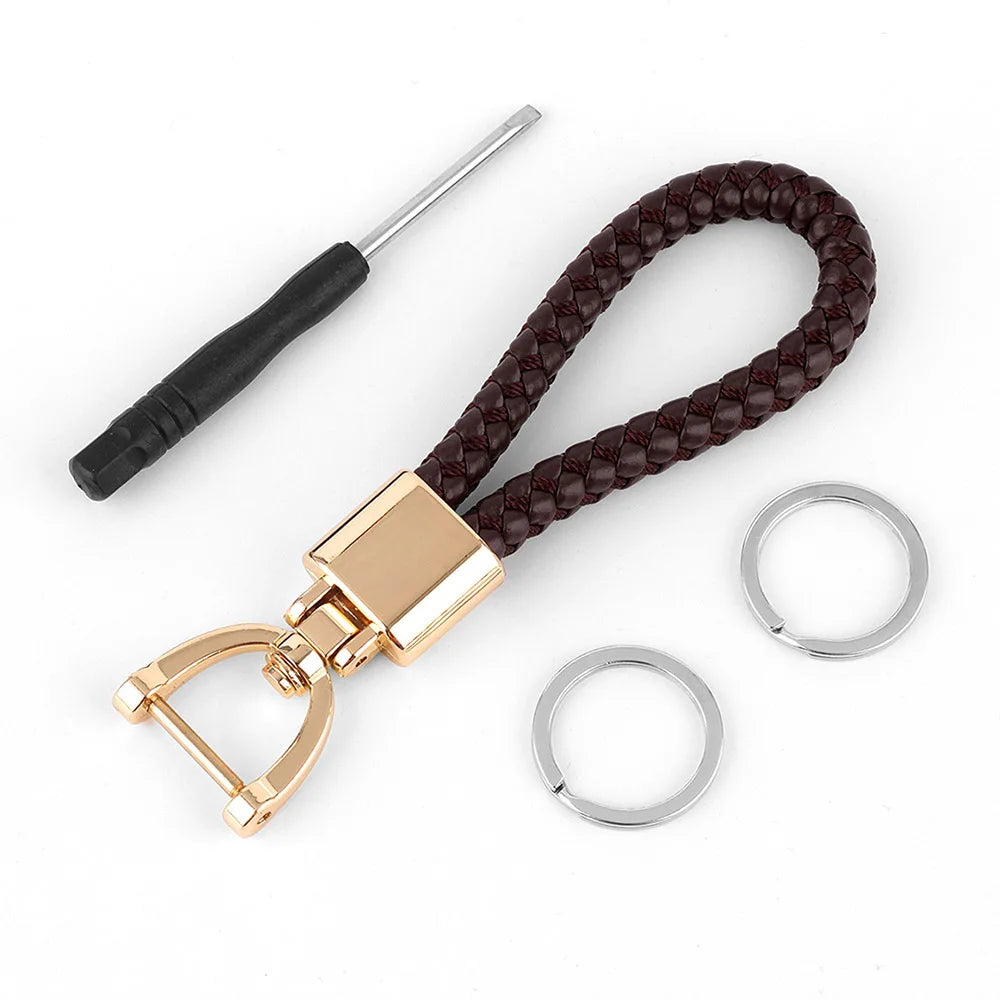 High-Grade Keychain for Men Women Rotatable Key Chain Luxury Hand Woven Leather Horseshoe Buckle Car Key Ring Holder Accessories