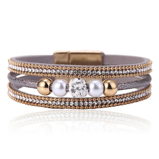 HOCOLE Fashion Gem Rhinestone Magnetic Leather Bracelets & Bangles Bohemian Handmade Multilayer Wrap Jewelry Women Pulseira