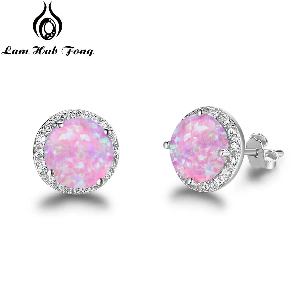 Classic 925 Sterling Silver Stud Earrings Round White Pink Blue Opal Earrings With Cubic Zirconia Jewelry (Lam Hub Fong)
