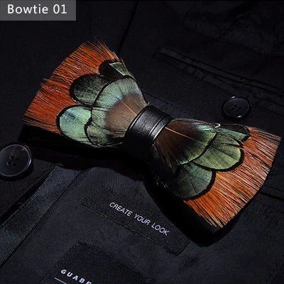 JEMYGINS Bowtie Natural Brid Feather Exquisite Hand Made Men Bow Tie Brooch Pin