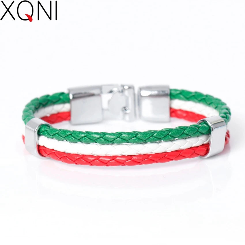 XQNI Fashion National Spain Flag ID Leather Bracelet Trendy Braided Surfer Bandage Charm Sporty Bracelets for Men Women Bangles
