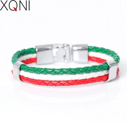 XQNI Fashion National Spain Flag ID Leather Bracelet Trendy Braided Surfer Bandage Charm Sporty Bracelets for Men Women Bangles