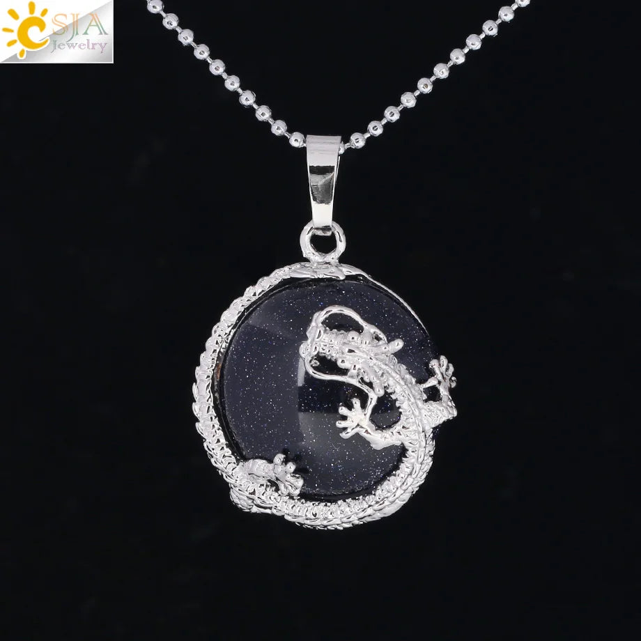CSJA Necklaces Dragon Pendants Women Natural Stone Purple Crystal Pink Quartz Tiger Eye Lava Rock Flat Round Beads Fittings F304