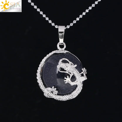 CSJA Necklaces Dragon Pendants Women Natural Stone Purple Crystal Pink Quartz Tiger Eye Lava Rock Flat Round Beads Fittings F304