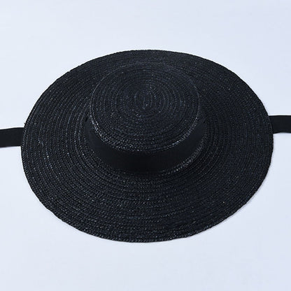 Wide Brim Boater Hat 10cm 15cm Brim Straw Hat Flat Women Summer Kentucky Derby Hat White Black Ribbon Tie Sun Hat Beach Cap