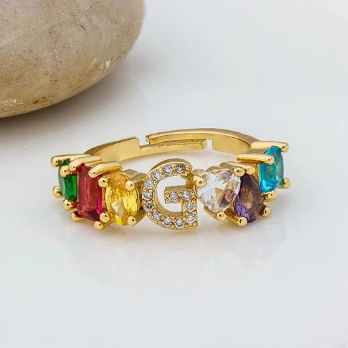 Adjustable A-Z Initial Ring Bohemian Copper Zircon  Rainbow Letter Rings for Women Girls Party Wedding Jewelry