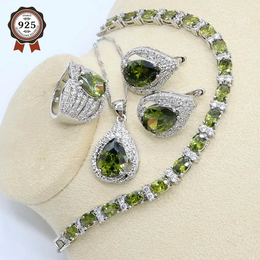 New Green Peridot Zircon Silver 925 Jewelry Set Women Bracelet Earrings Necklace Pendant Ring Birthday