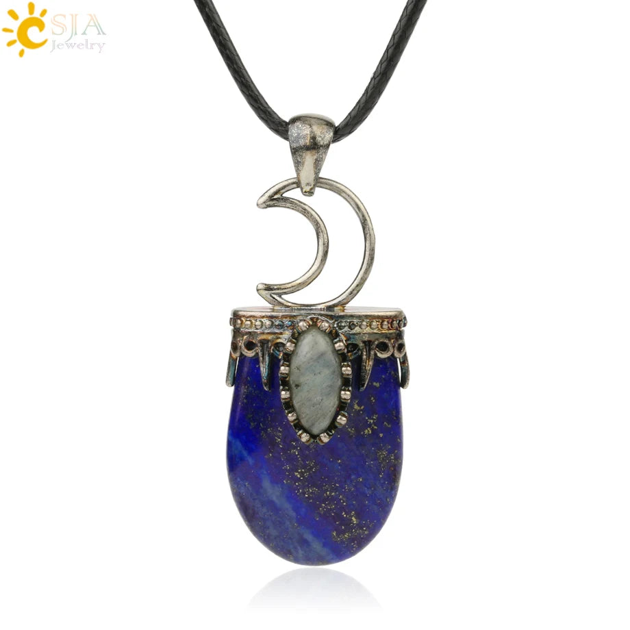 CSJA Natural Stone Crystal Pendants Necklace Antique Silver Color Purple Pink Quartz Necklace Jewelry Crown Moon Charm G274