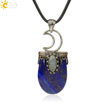 CSJA Natural Stone Crystal Pendants Necklace Antique Silver Color Purple Pink Quartz Necklace Jewelry Crown Moon Charm G274