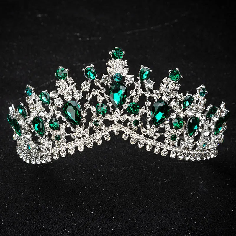 KMVEXO European Green Crystal Tiaras Vintage Black Rhinestone Pageant Crown Baroque Bridal Wedding Hair Jewelry Accessories