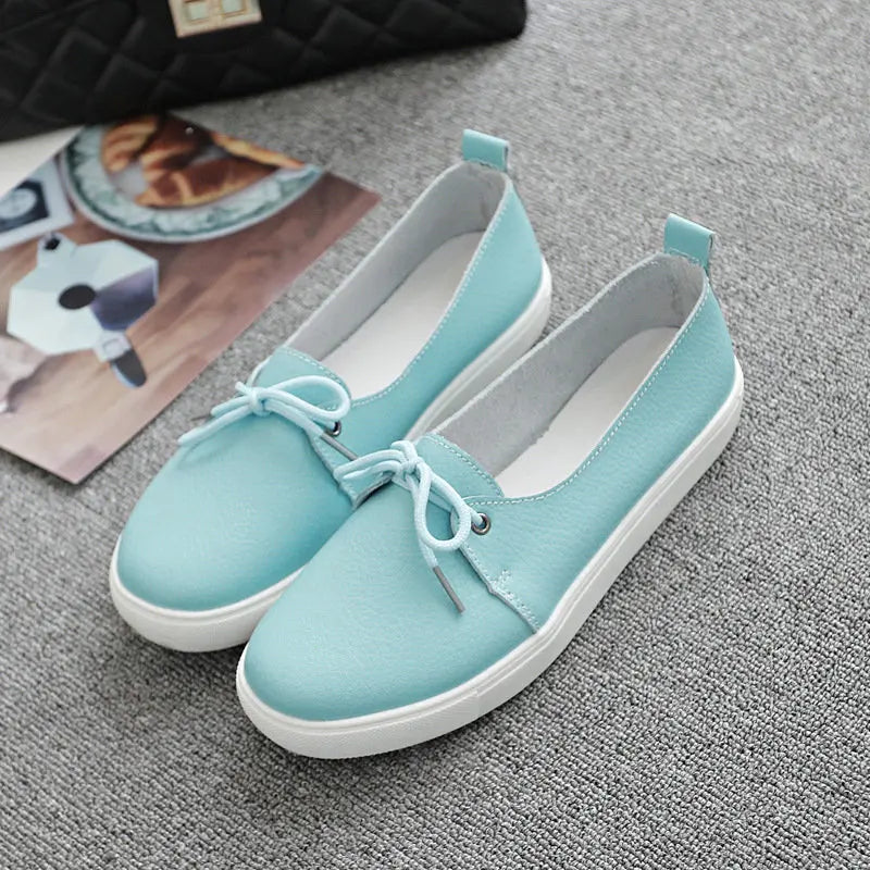 WOIZGIC Women Students Gril Female Leather White Shoes Flats Platform Lace Up Korean Casual Vulcanized Shoes FEZ-173