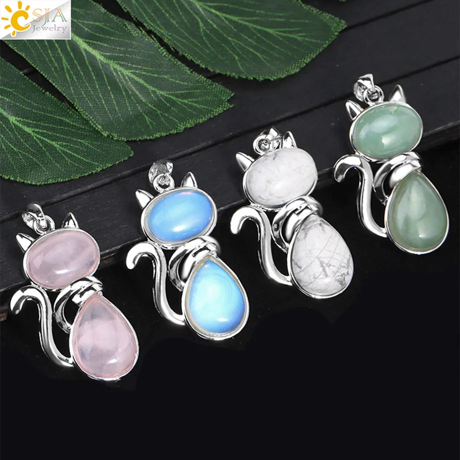 CSJA Chakra Natural Stone Pendant Cute Cat Pendants Suspension for Girl Green Aventurine Pink Crystal Cat Wisiorek Jewelry F072