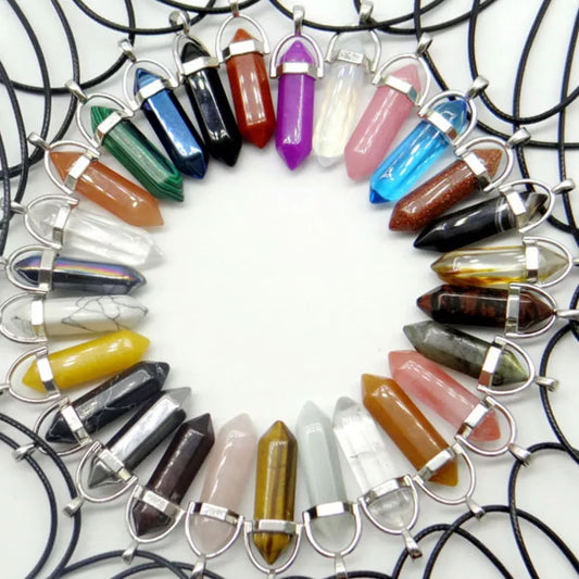 1PCS Natural Stone Quartz Crystal Opal Agates Hexagonal Column Pendulum Pendant Leather Chains Necklace Fashion Charms Pendant