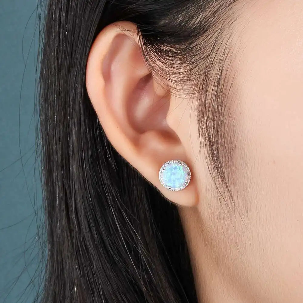 Classic 925 Sterling Silver Stud Earrings Round White Pink Blue Opal Earrings With Cubic Zirconia Jewelry (Lam Hub Fong)