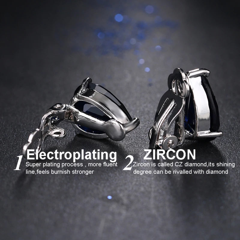 Water Drop Cubic Zirconia Clip Earrings With Elegant Blue Stone Earrings for Punk Girl Party Pendientes Mujer Moda