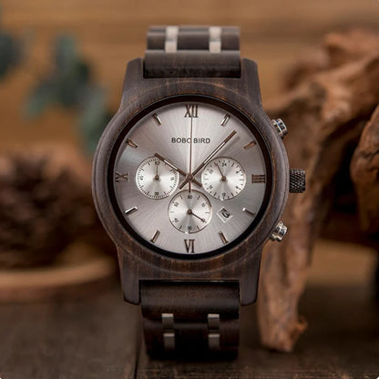 BOBO BIRD Luxury Wood Stainless Steel Men Watch Stylish Wooden Timepieces Chronograph Quartz Watches Relogio Masculino Man