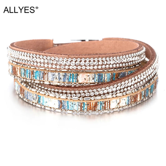 ALLYES Women Leather Bracelet Czech Crystal Vintage Boho Multiple Layered Bohemian Double Wrap Bracelet Femme Jewelry