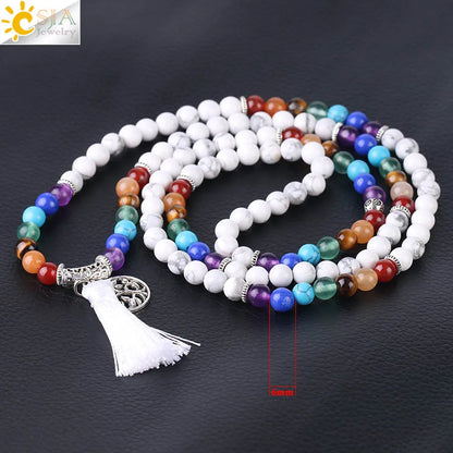 CSJA Women Maxi Long Necklace Natural Mala Gem Stone Bead Tassel 7 Chakra Tiger Eye Pink Quartz Howlite Reiki Boho Necklace E590