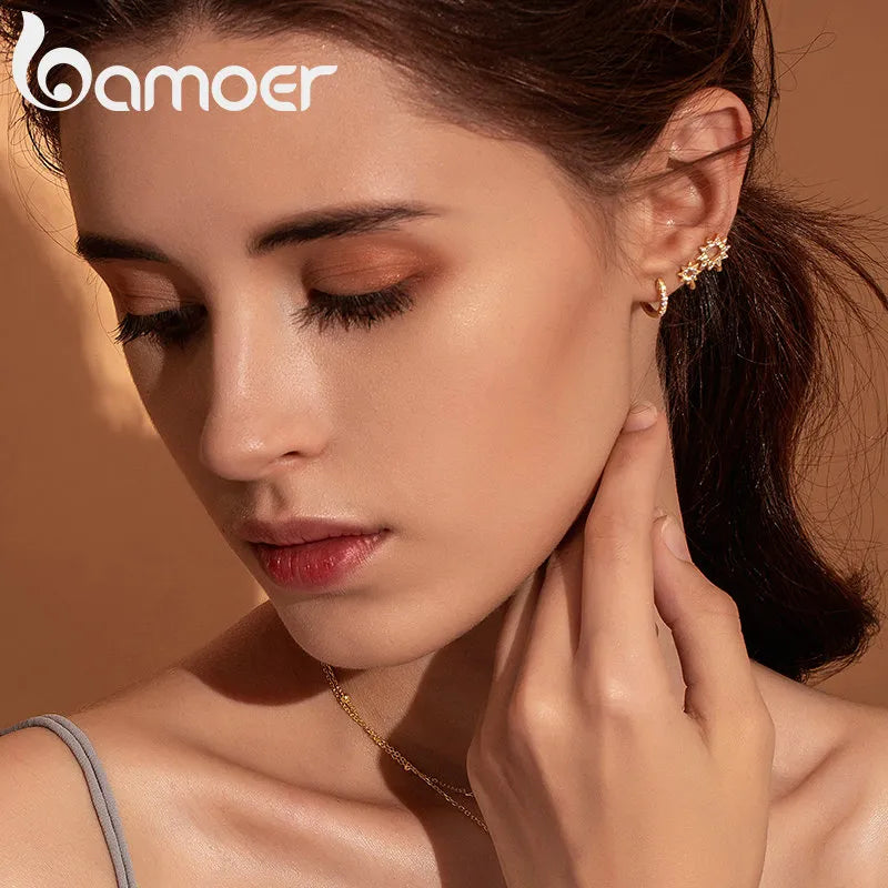 BAMOER 925 Sterling Silver Round Circle Hoop Earrings for Women Gold Color Earrings Sterling Silver Jewelry