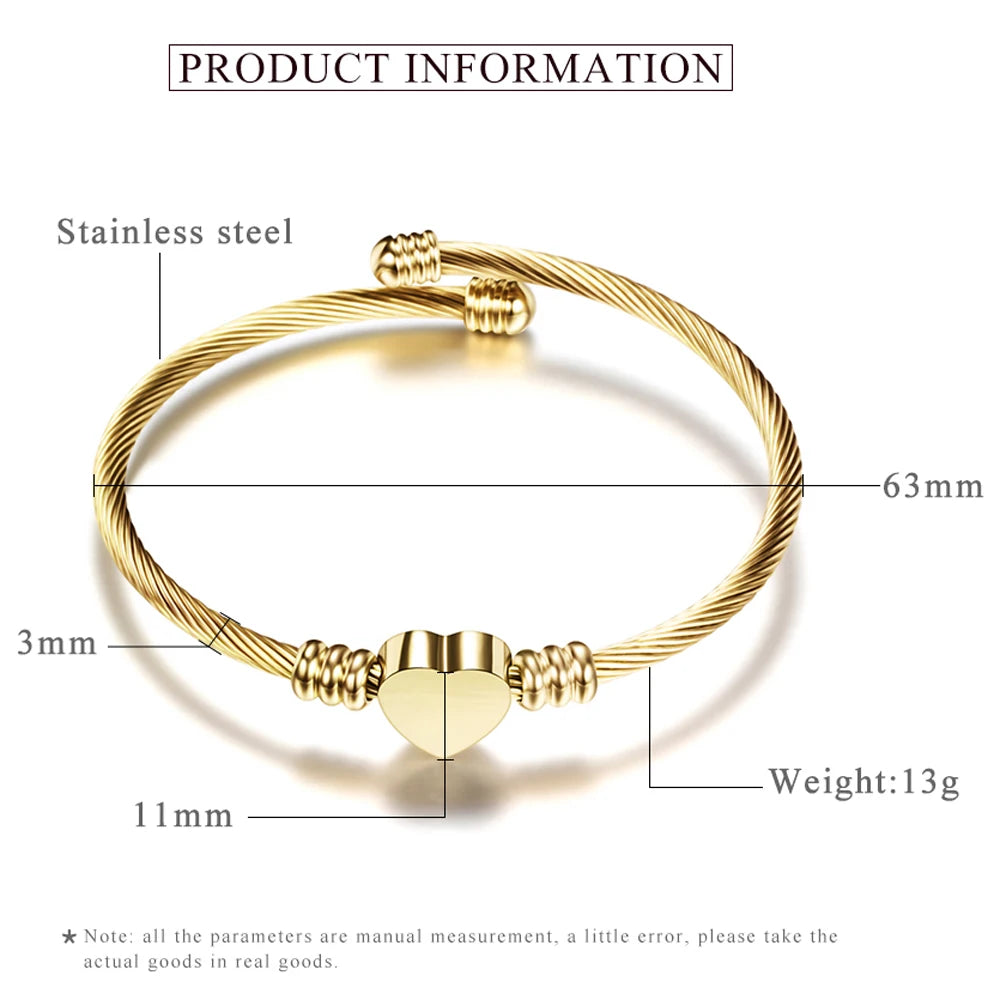 Fashion 3Colors Jewelry Women's Bijoux Bangles Stainless Steel Twisted Cable Wire Heart Charm Bracelet Bangle for Design