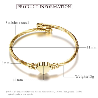Fashion 3Colors Jewelry Women's Bijoux Bangles Stainless Steel Twisted Cable Wire Heart Charm Bracelet Bangle for Design