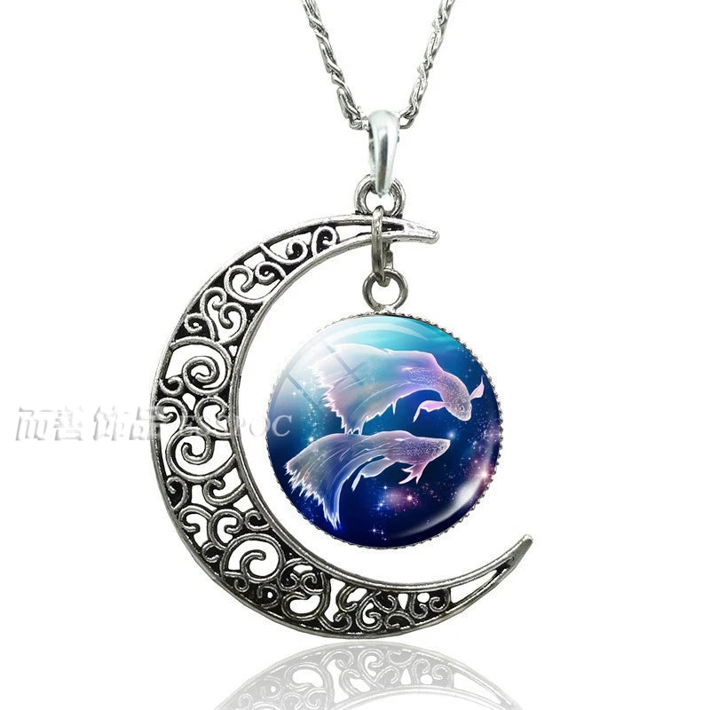 12 Constellation Crescent Moon Necklace Zodiac Sign Glass Jewelry Pendant Aries Gemini Cancer Leo Women Birthday