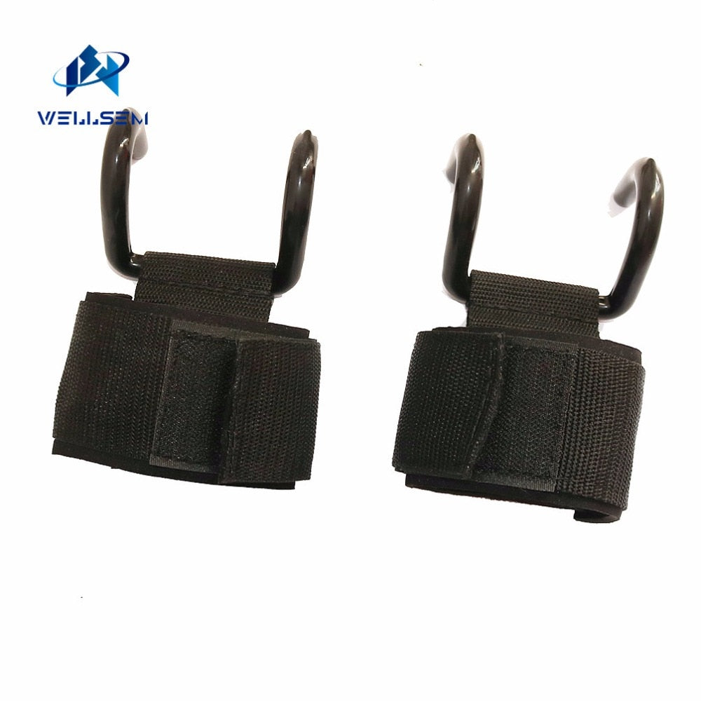 Wellsem Adjustable Strong Steel Hook Grips Straps Weight Lifting Strength Training Gym Fitness Black Wrist Support Lift Straps