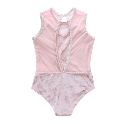 Girls Sleeveless Soft Pleuche Mesh Splice Gymnastics Leotard One-Piece Cutout