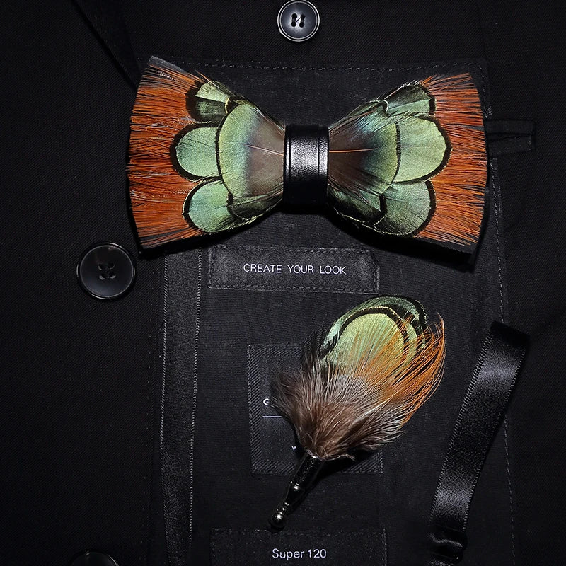 JEMYGINS Bowtie Natural Brid Feather Exquisite Hand Made Men Bow Tie Brooch Pin