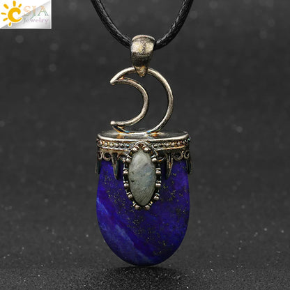 CSJA Natural Stone Crystal Pendants Necklace Antique Silver Color Purple Pink Quartz Necklace Jewelry Crown Moon Charm G274