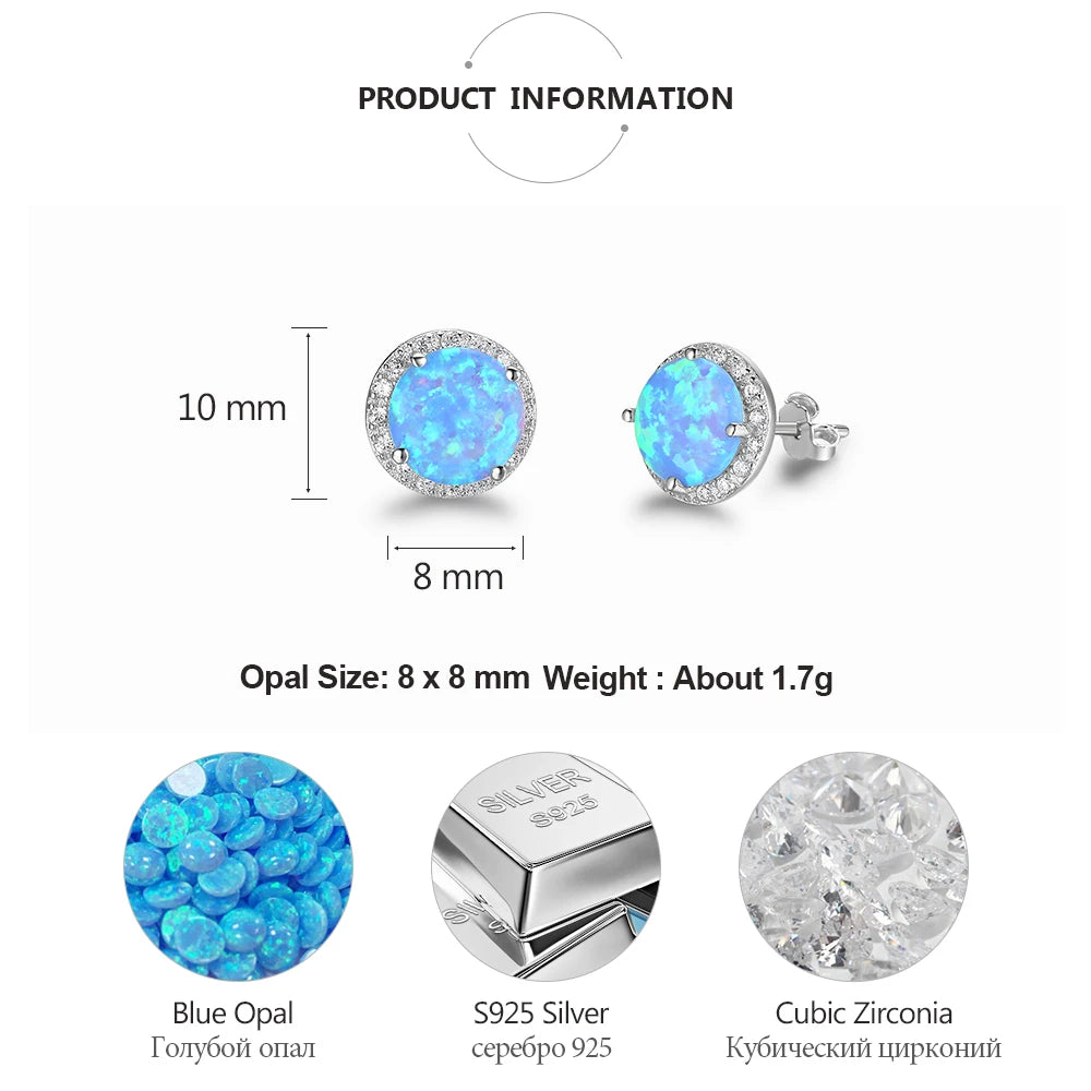 Classic 925 Sterling Silver Stud Earrings Round White Pink Blue Opal Earrings With Cubic Zirconia Jewelry (Lam Hub Fong)