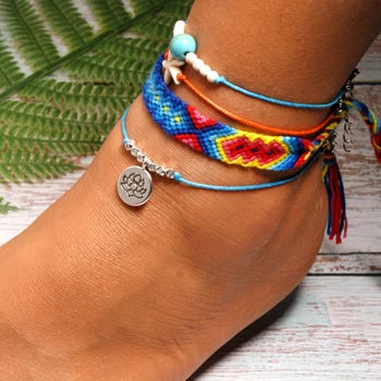 MOON GIRL Handmade Weave Bobo Lotus Anklet Set Fashion Starfish 4 Pieces Bohemian Chic Summer Bracelet Ankle for Women