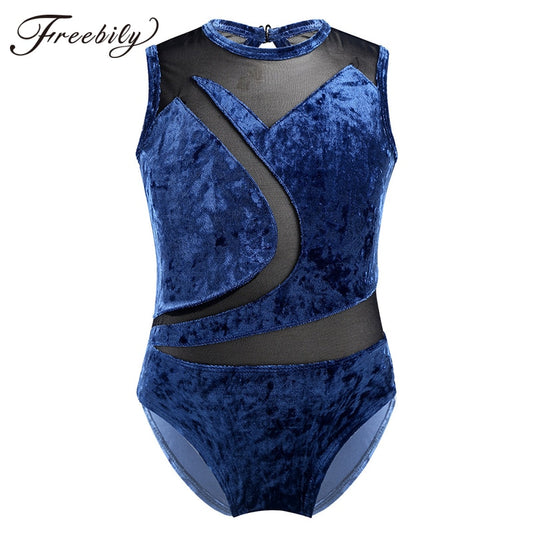 Girls Sleeveless Soft Pleuche Mesh Splice Gymnastics Leotard One-Piece Cutout