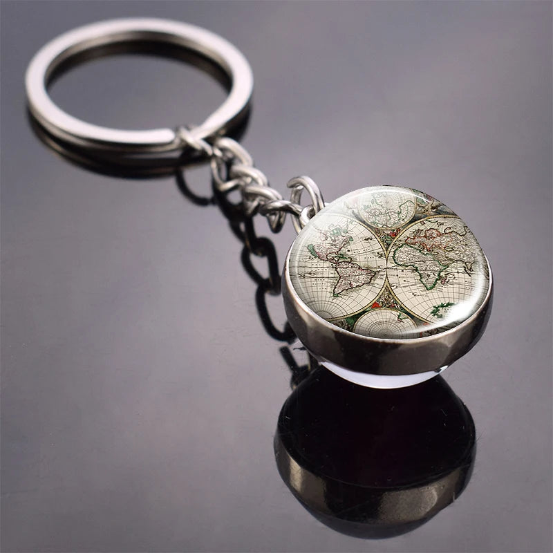 Vintage World Map Keychain Globe Earth Pendant Key Chain Americas Europe Australia Map Keychain Keyfob Christmas