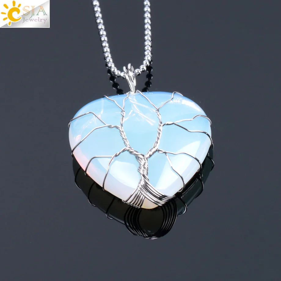 CSJA Tree of Life Wire Wrapped Love Heart Necklace & Pendant Suspension Natural Gem Stone Tiger Eye Pink Quartz Black Onyx F053