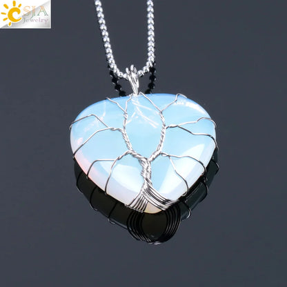 CSJA Tree of Life Wire Wrapped Love Heart Necklace & Pendant Suspension Natural Gem Stone Tiger Eye Pink Quartz Black Onyx F053