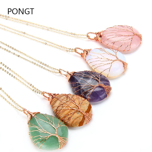 Natural Purple Quartz Opal Stone Pendants Handmade Rose Gold Color Tree of Life Wrapped Drop Shaped Crystal Pendant Necklace