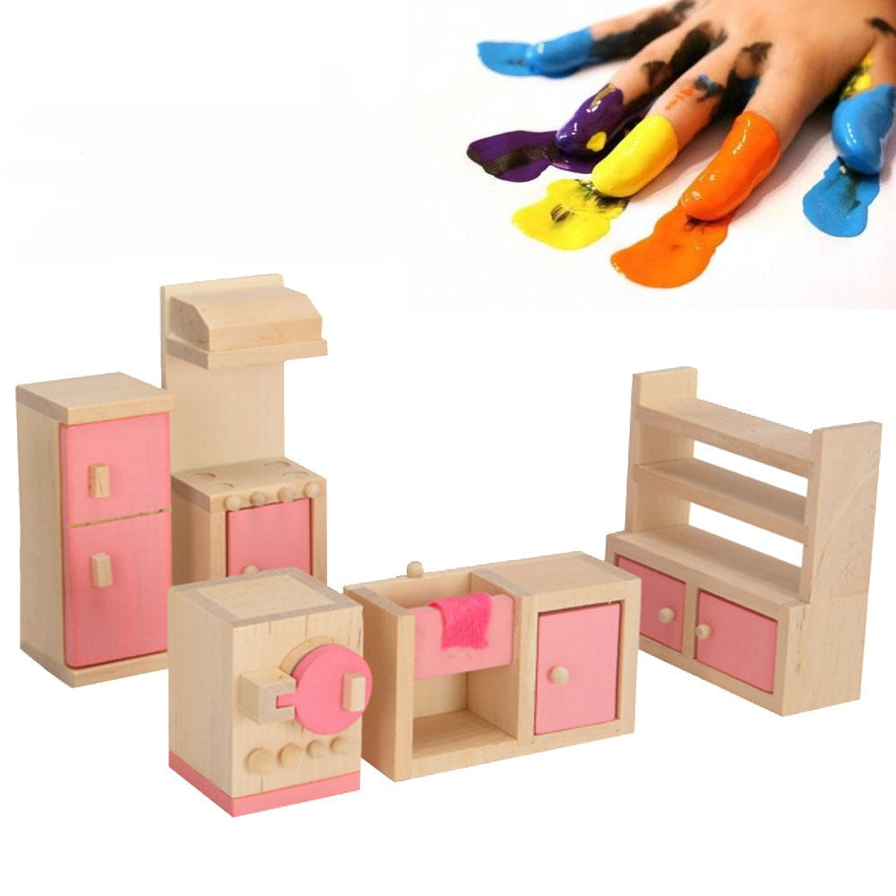 Wooden Dollhouse Furniture Miniature Toy for Dolls Kids Children House Play Toy Mini Furniture Sets Doll Toys Boys Girls