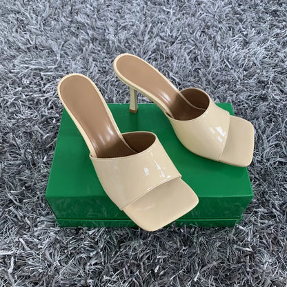 2023 New Summer Women Sandals Square Toe Ladies Heel MulesThin High Heels Sandals Slippers Female Fashion Woman Shoes
