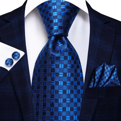Business Tie for Men Silk Blue Tie Dots Necktie Set Plaid Cufflinks for Wedding Business Tie 150cm Hi-Tie SN-3529