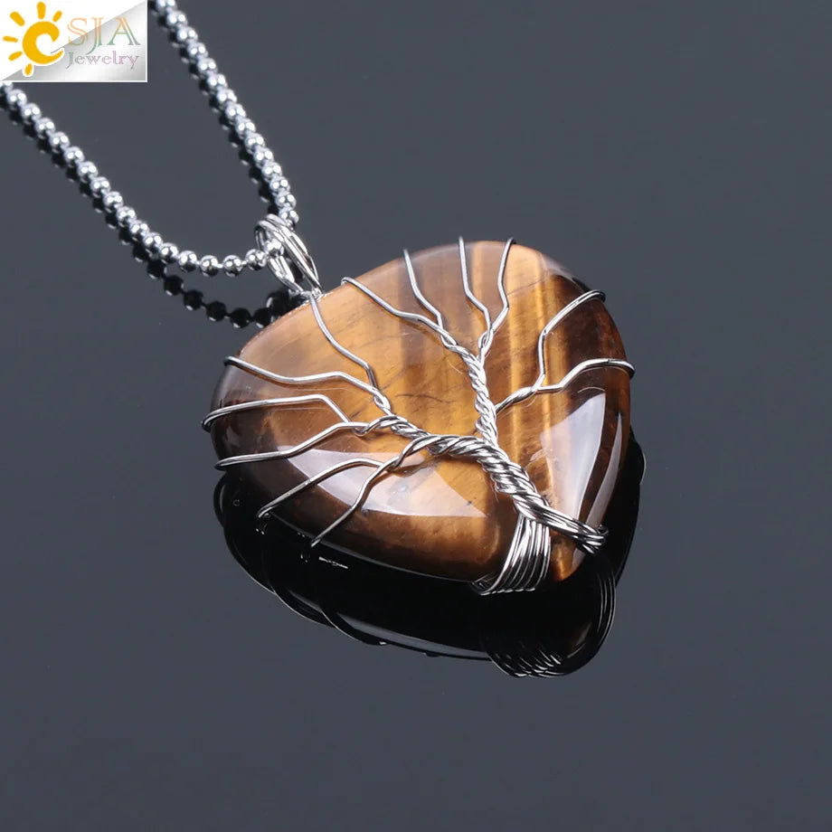 CSJA Tree of Life Wire Wrapped Love Heart Necklace & Pendant Suspension Natural Gem Stone Tiger Eye Pink Quartz Black Onyx F053