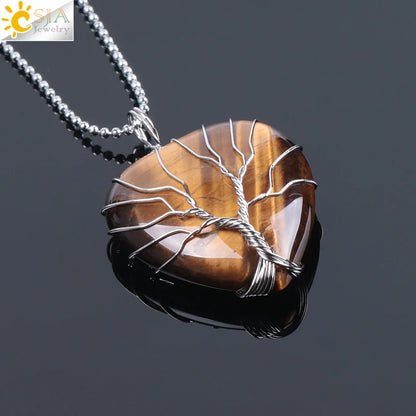 CSJA Tree of Life Wire Wrapped Love Heart Necklace & Pendant Suspension Natural Gem Stone Tiger Eye Pink Quartz Black Onyx F053