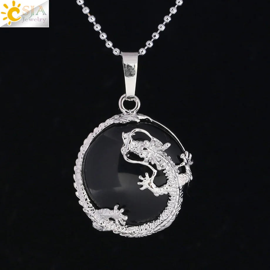 CSJA Necklaces Dragon Pendants Women Natural Stone Purple Crystal Pink Quartz Tiger Eye Lava Rock Flat Round Beads Fittings F304