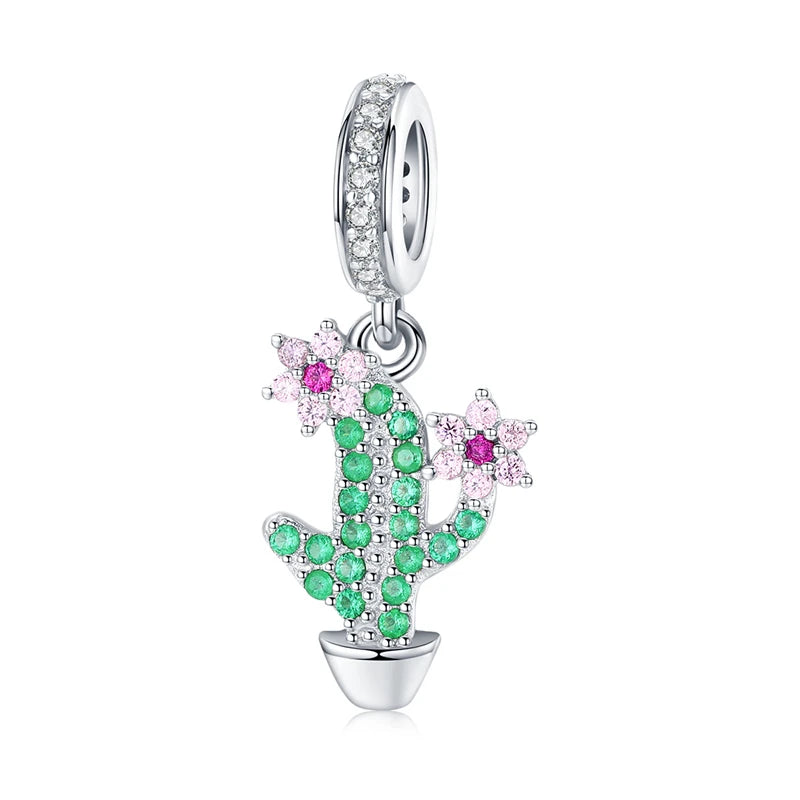 WOSTU New Fashion 925 Sterling Silver Cactus & Flower Beads Green Zircon Fit Original Bracelet Pendant Charms DIY Jewelry CTC121