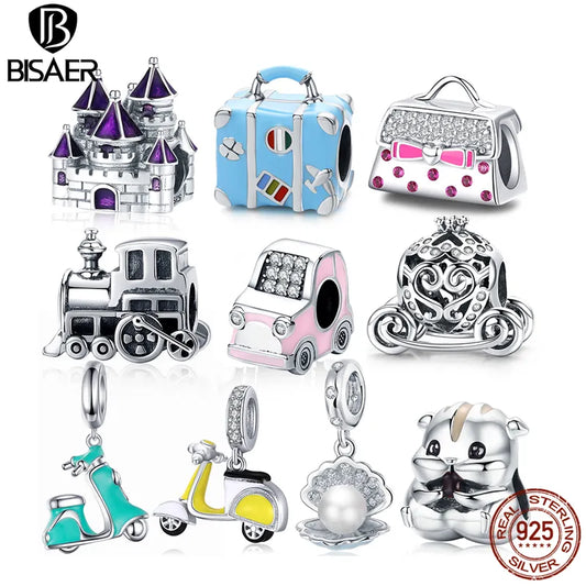 BISAER 925 Sterling Silver Blue Travel Suitcase Charm Pink Car Pendant Family House Home Beads Fit Women Bracelet DIY Jewelry
