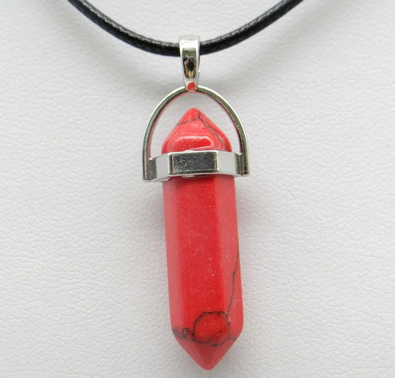 1PCS Natural Stone Quartz Crystal Opal Agates Hexagonal Column Pendulum Pendant Leather Chains Necklace Fashion Charms Pendant