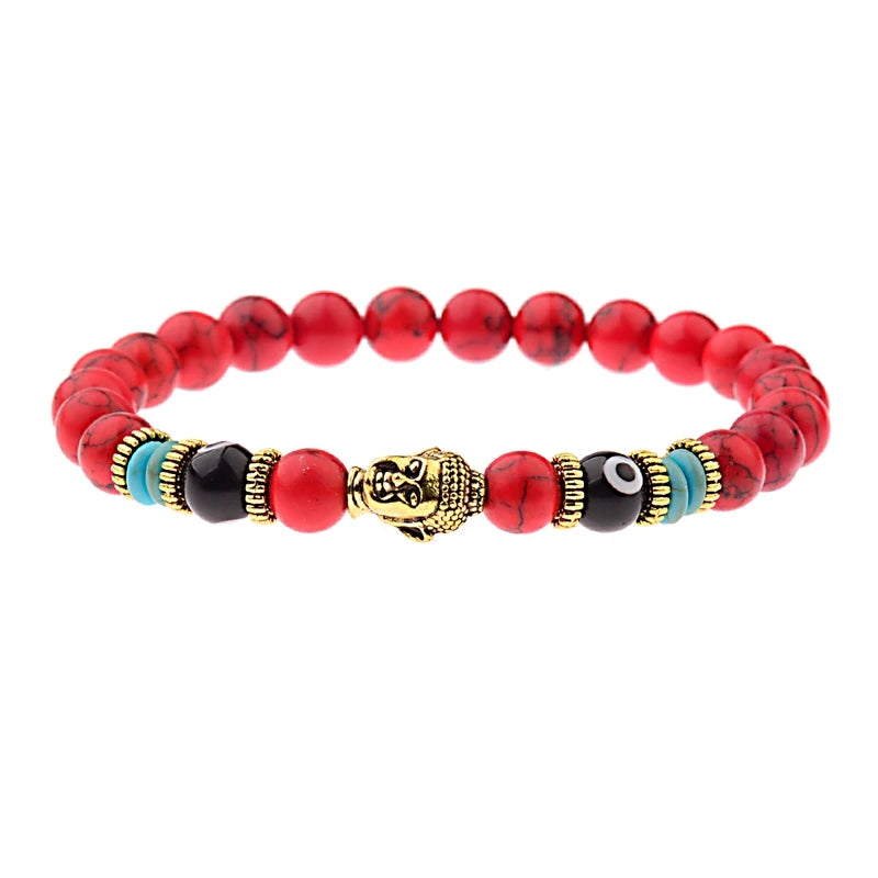 Charm Buddha&Evil Eye Bracelet Women 8mm Elastic Round Bright Black Stone Chakra Bracelets Men Erkek Bileklik Homme